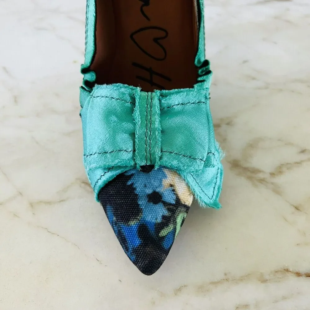 2010 LANVIN x H&M Green Floral Print Bow Mirrored Heels Pumps - EUR 38 / US 7